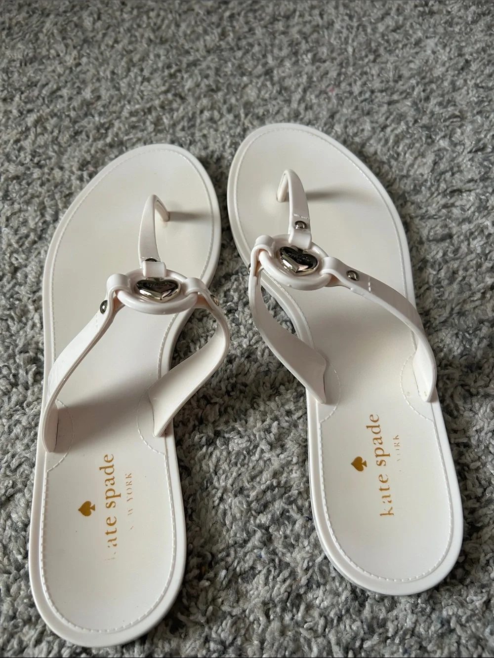 kate spade White Patent Leather T-Strap Sandals with Spade Emblem